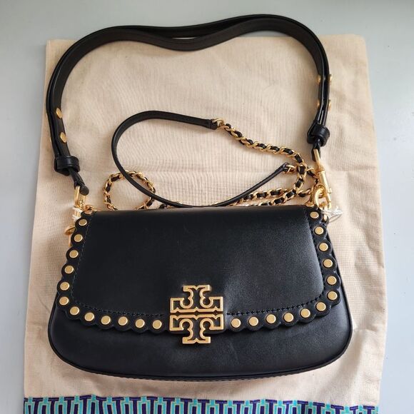 New! Tory Burch Britten Black Leather Studded Convertible Shoulder Bag - Picture 1 of 10